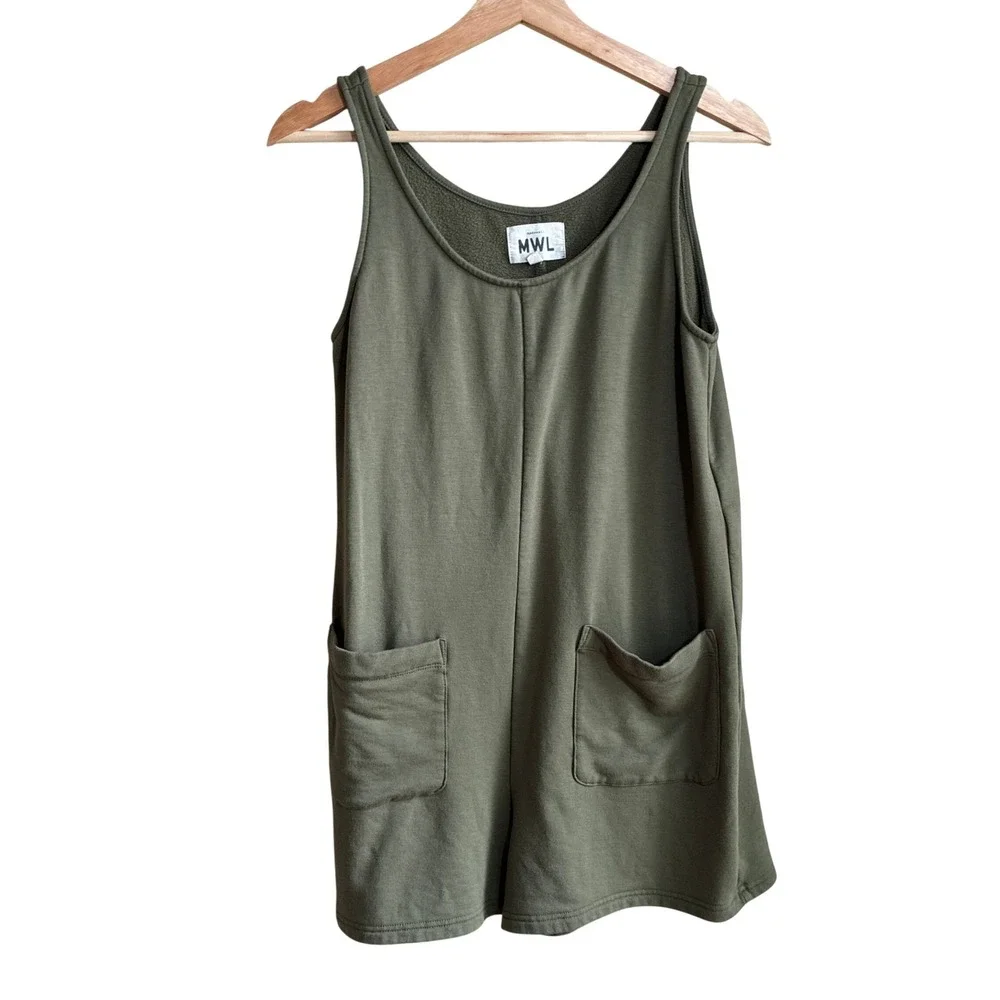 Madewell MWL Fleece Tank Romper XS Olive Green Womens Modal Blend Pockets